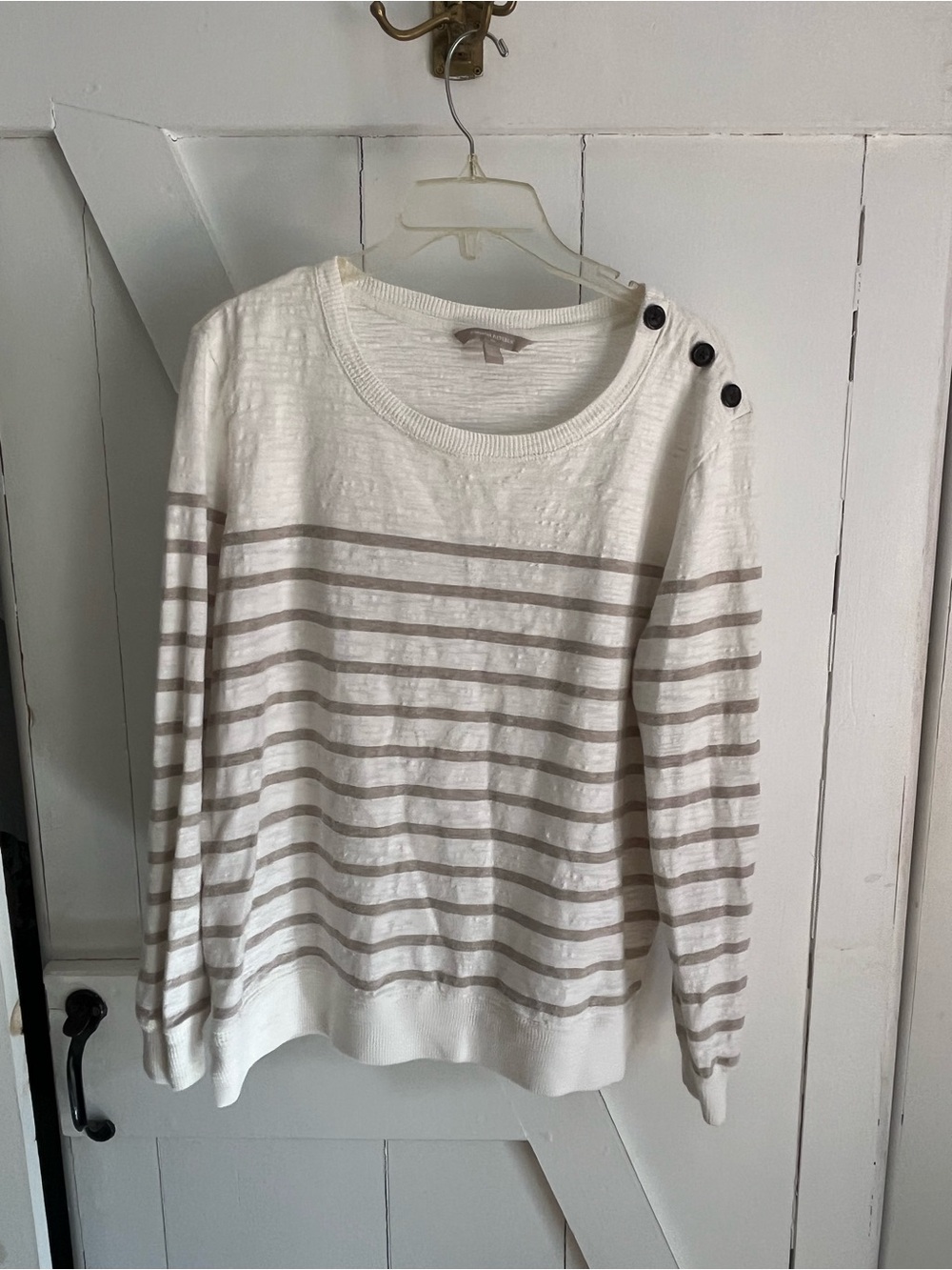 Banana Republic Cream & Taupe Striped Crewneck Sweater with Shoulder Buttons